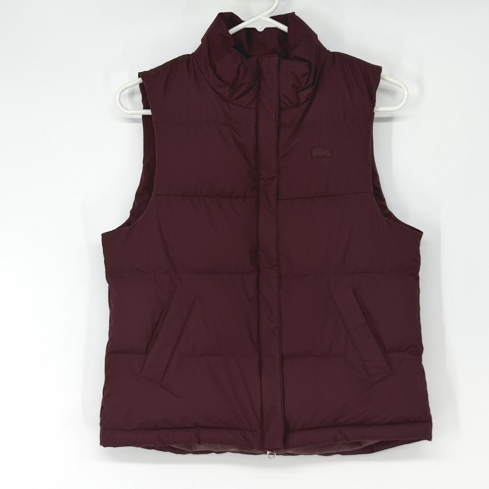 Lacoste Womens Burgundy Puffer Vest Size 36 Maroon Full Zip Sleeveless Jacket‎